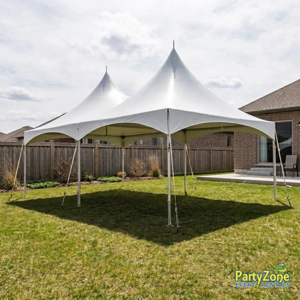 20x40 high peak frame tent rental for Arabi LA weddings and church receptions, seats up to 96, in 70032