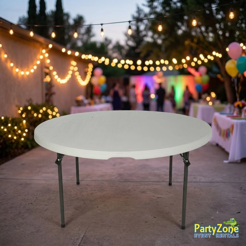 5ft round table rental for Arabi LA weddings and receptions, seats up to eight, in 70032